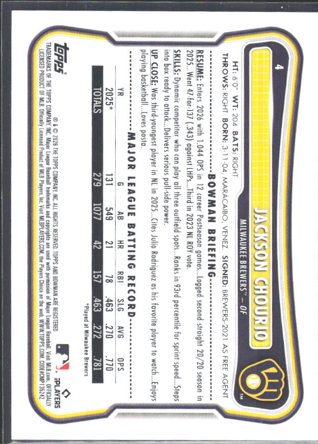 Jackson Chourio 2026 Bowman #4 – baksida