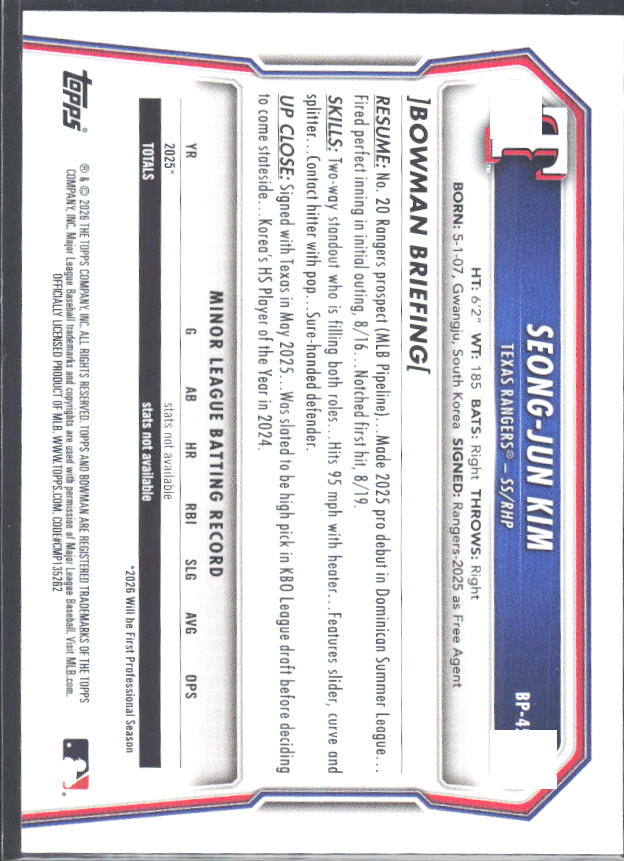 Seong-Jun Kim 2026 Bowman 1st Prospects #BP-45 – baksida