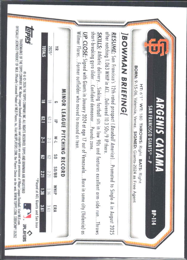 Argenis Cayama 2026 Bowman 1st Prospects #BP-114 – baksida