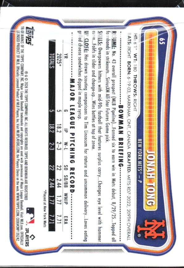 Jonah Tong 2026 Bowman RC #65 – baksida