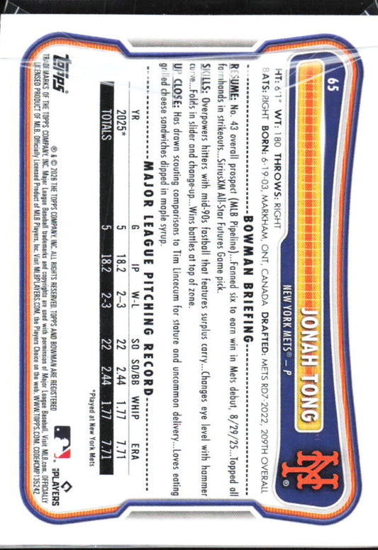 Jonah Tong 2026 Bowman RC #65 – baksida