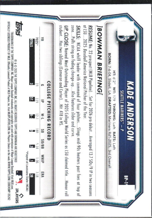 Kade Anderson 2026 Bowman Prospects #BP-19 – baksida