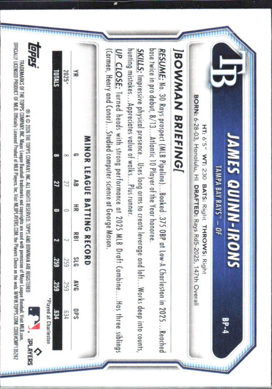 James Quinn-Irons 2026 Bowman 1st Prospects #BP-4 – baksida
