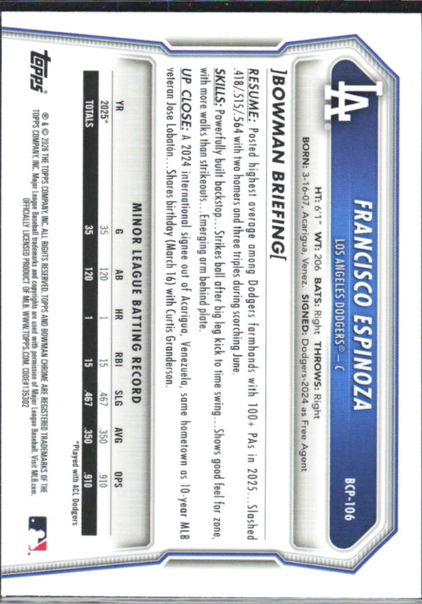 Francisco Espinoza 2026 Bowman 1st Chrome Prospects #BCP-106 – baksida