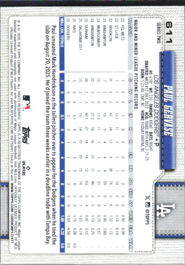 Paul Gervase 2026 Series 2 RC #611 – baksida