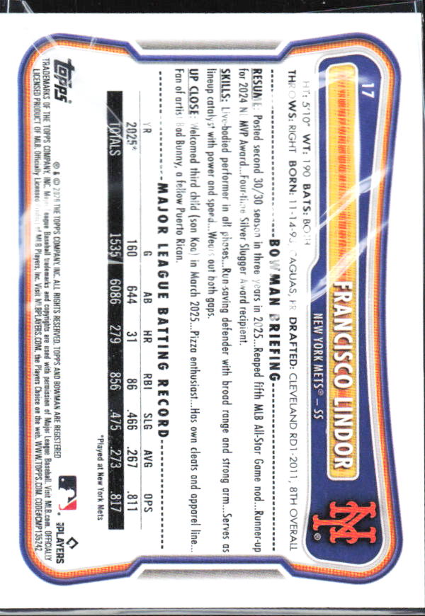 Francisco Lindor 2026 Bowman #17 – baksida