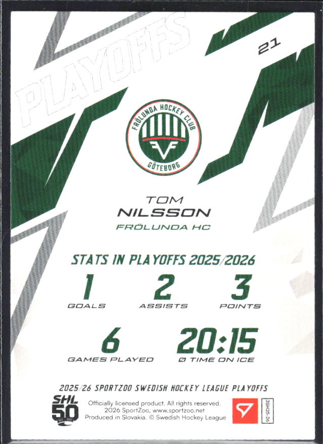 Tom Nilsson 2025-26 SHL Playoffs #21 – baksida