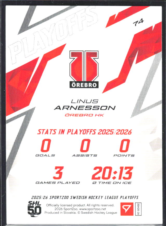 Linus Arnesson 2025-26 SHL Playoffs #74 – baksida