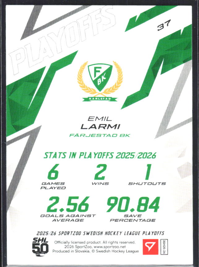Emil Larmi 2025-26 SHL Playoffs #37 – baksida