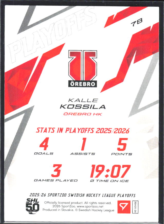Kalle Kossila 2025-26 SHL Playoffs #78 – baksida