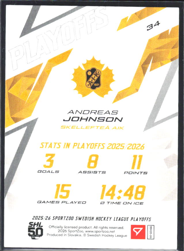 Andreas Johnsson 2025-26 SHL Playoffs #34 – baksida