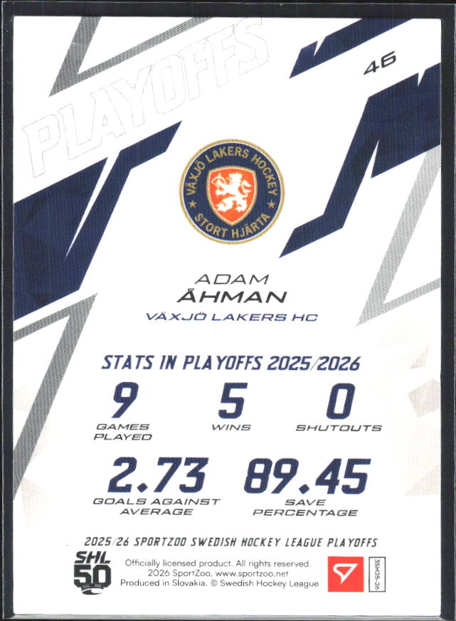 Adam Åhman 2025-26 SHL Playoffs #46 – baksida