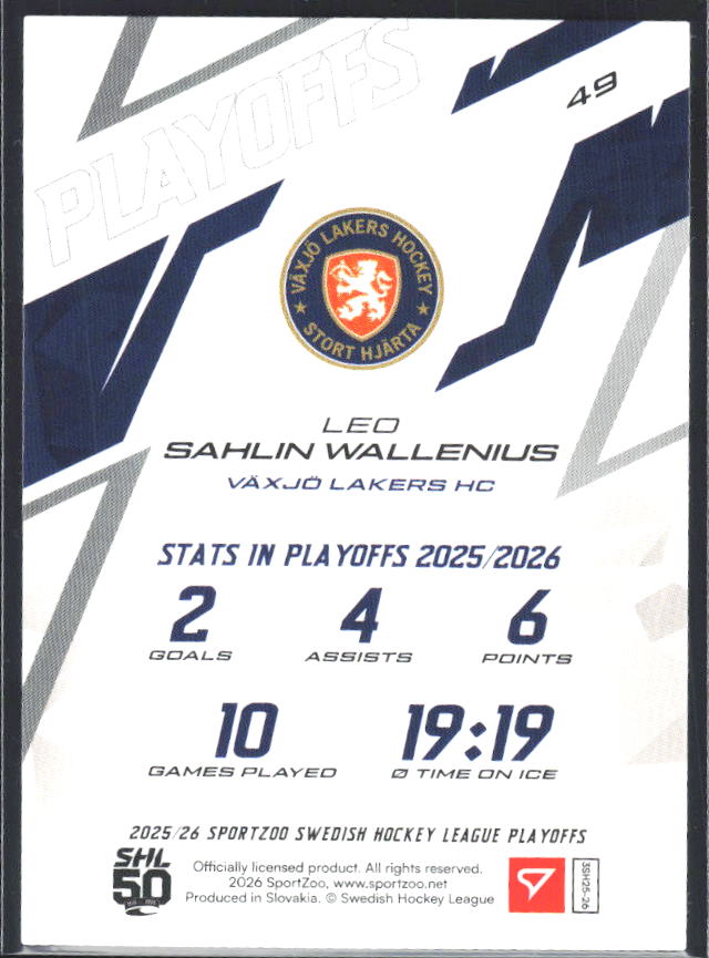 Leo Sahlin Wallenius 2025-26 SHL Playoffs #49 – baksida