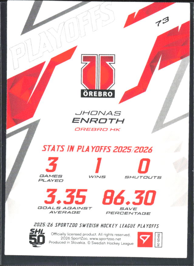 Jhonas Enroth 2025-26 SHL Playoffs #73 – baksida