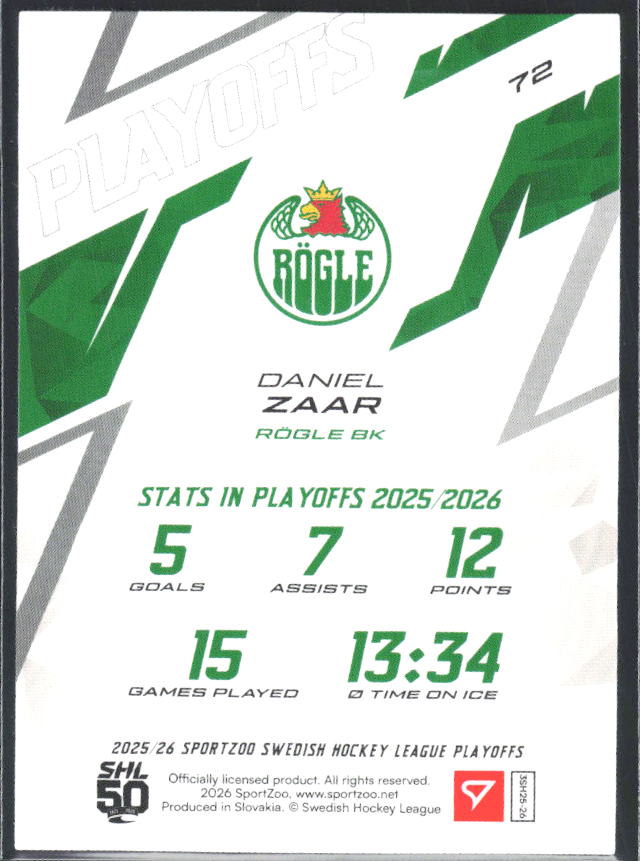 Daniel Zaar 2025-26 SHL Playoffs #72 – baksida