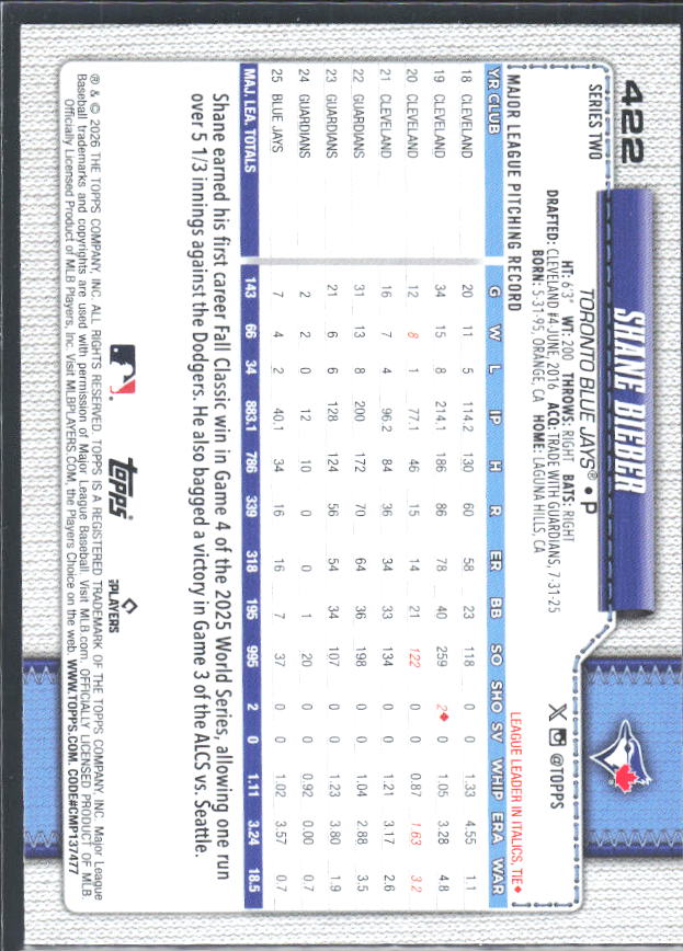 Shane Bieber 2026 Series 2 #422 – baksida
