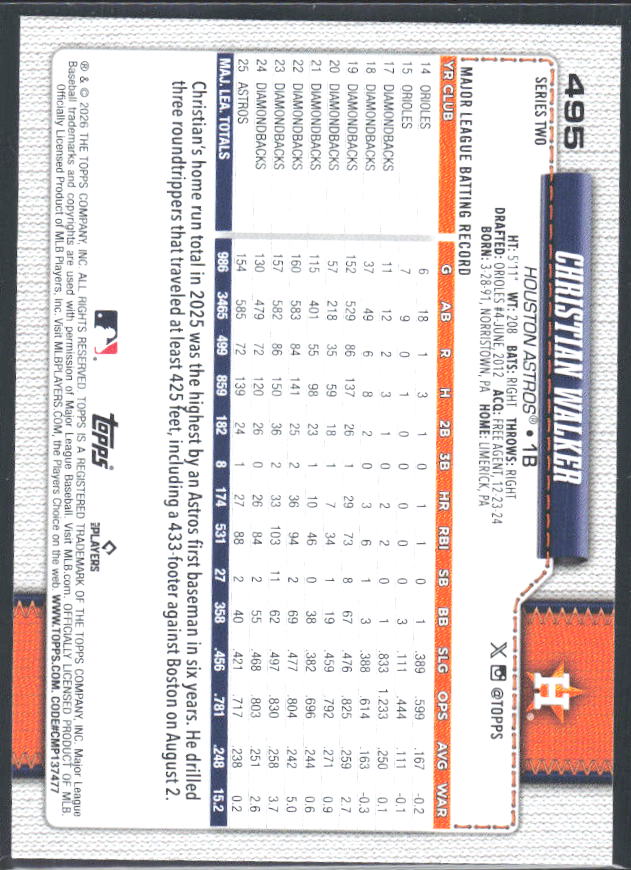 Christian Walker 2026 Series 2 #495 – baksida