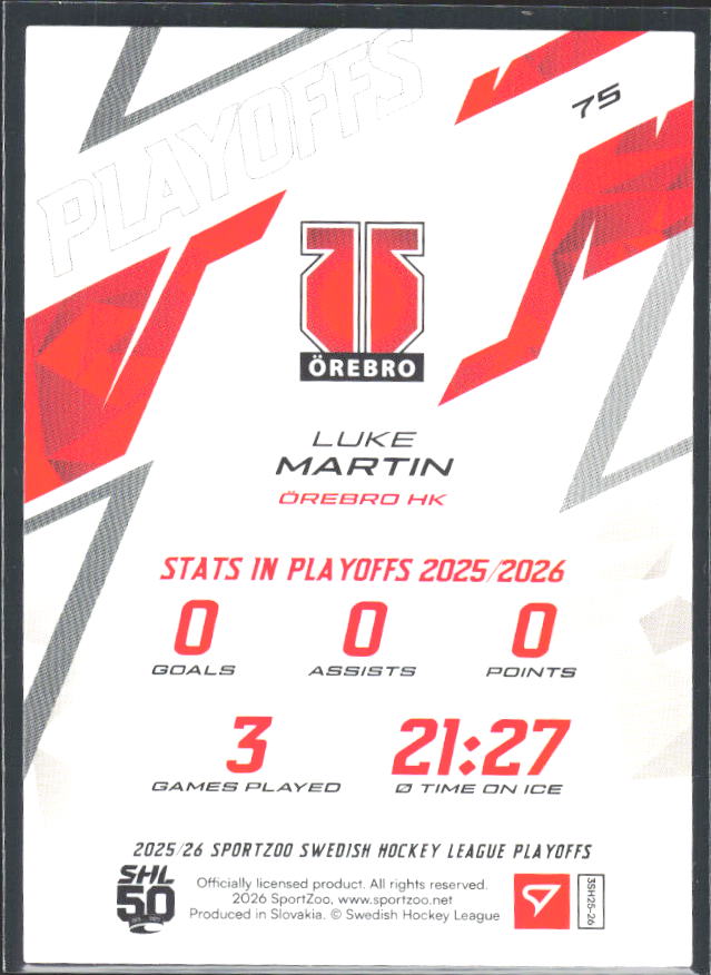 Luke Martin 2025-26 SHL Playoffs #79 – baksida