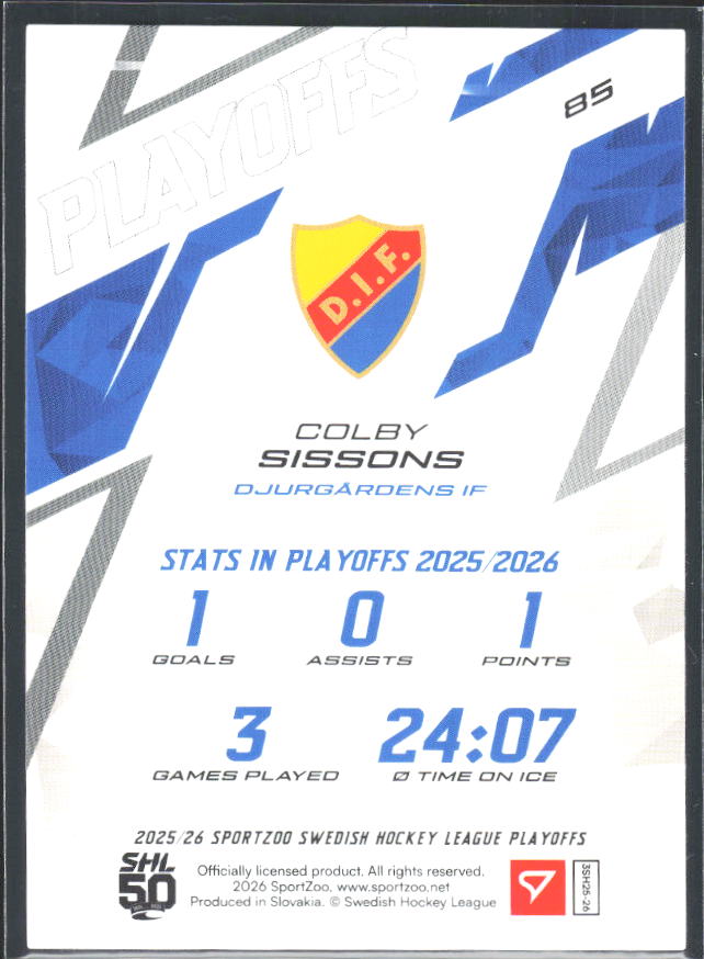 Colby Sissons 2025-26 SHL Playoffs #85 – baksida