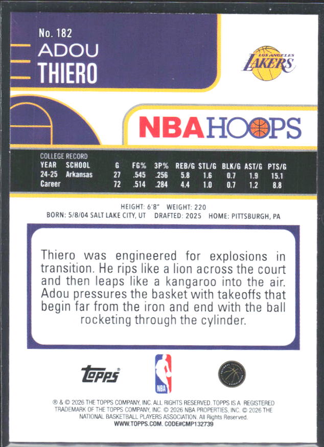 Adou Thiero 2025-26 NBA Hoops RC #182 – baksida