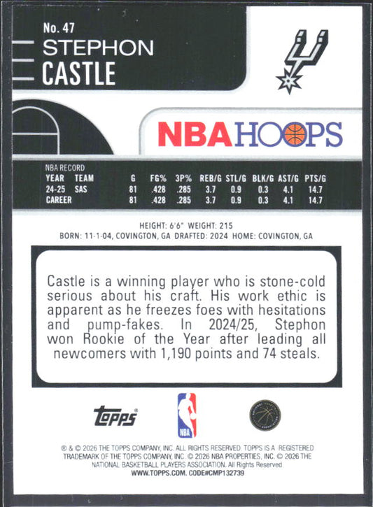 Stephon Castle 2025-26 NBA Hoops #47 – baksida