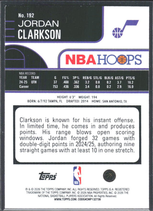 Jordan Clarkson 2025-26 NBA Hoops #192 – baksida