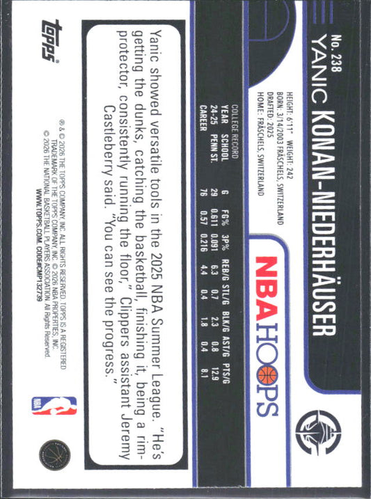 Yanic Konan-Niederhauser 2025-26 NBA Hoops RC #238 – baksida