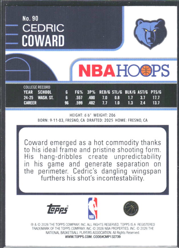 Cedric Coward 2025-26 NBA Hoops RC #90 – baksida
