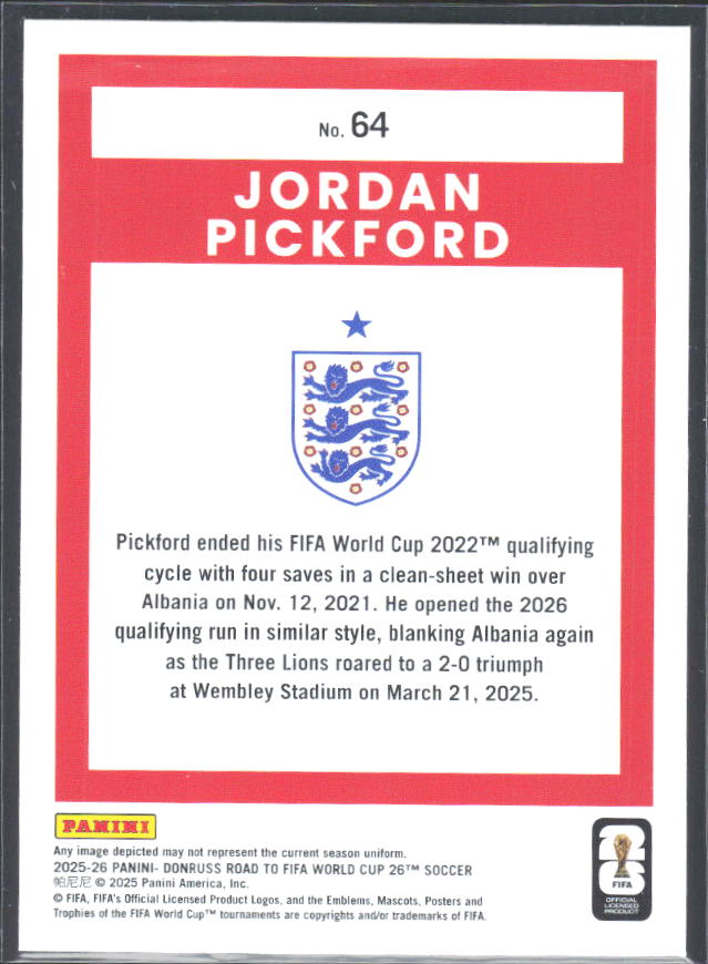 Jordan Pickford 2025-26 Donruss Road to FIFA WC #64 – baksida