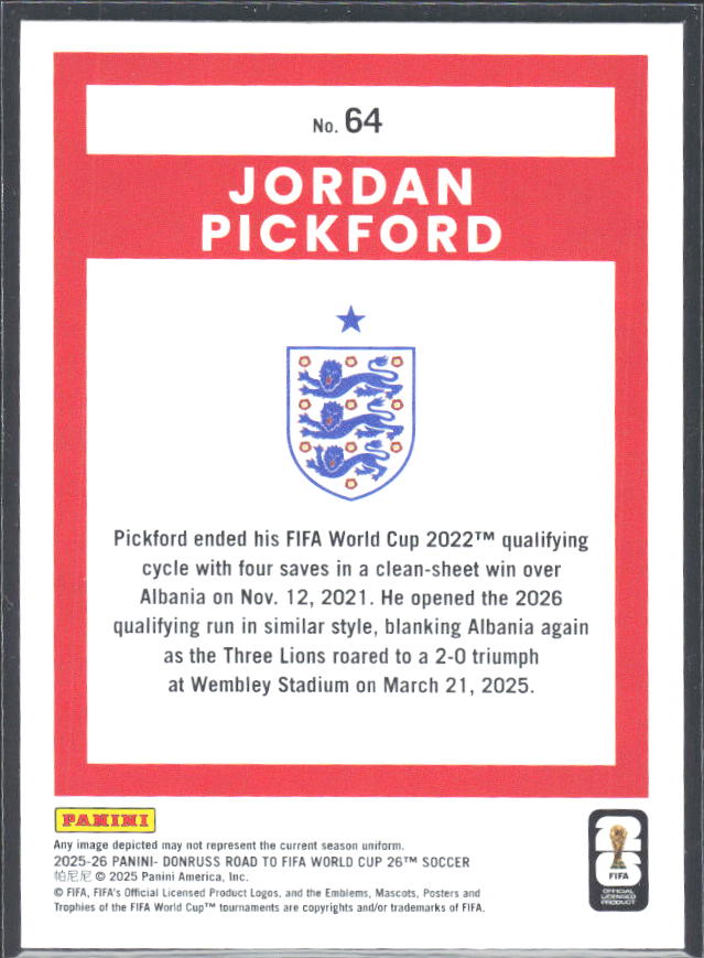 Jordan Pickford 2025-26 Donruss Road to FIFA WC #64 – baksida