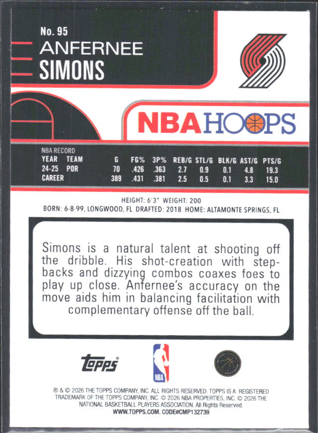 Anfernee Simons 2025-26 NBA Hoops #95 – baksida