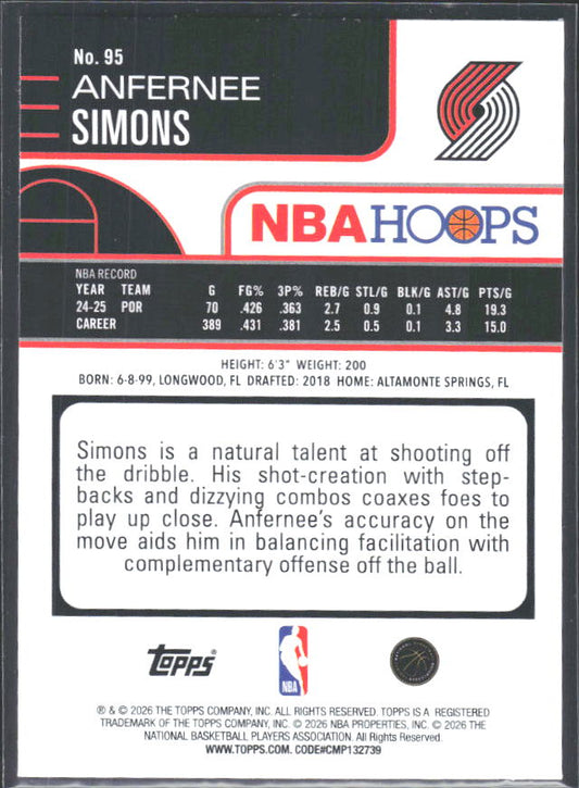 Anfernee Simons 2025-26 NBA Hoops #95 – baksida