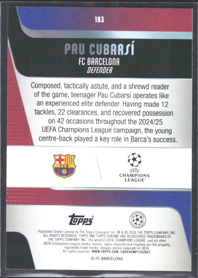 Pau Cubarsí 2025-26 Chrome UEFA #183 – baksida