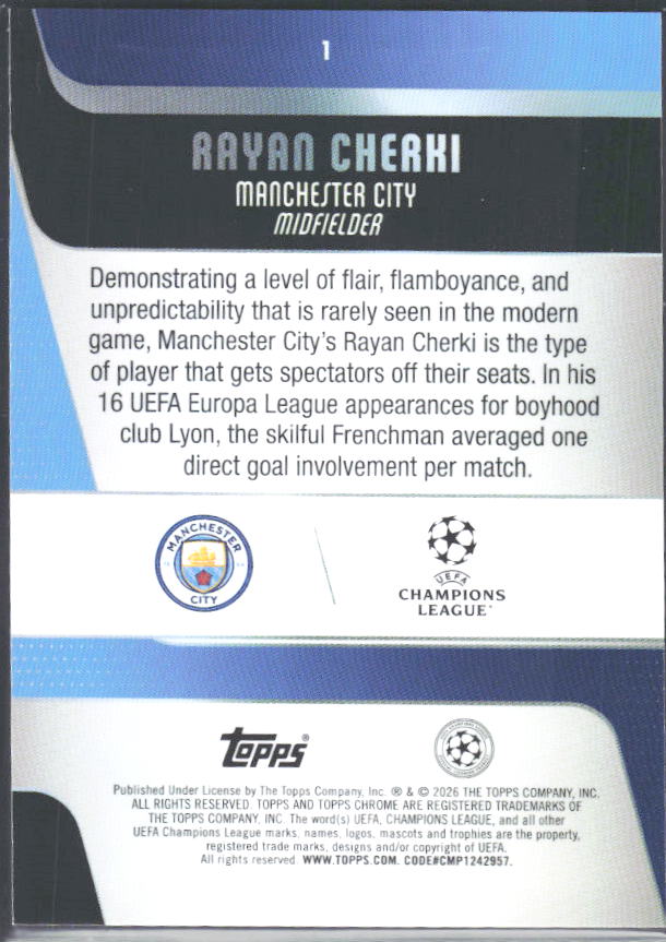 Rayan Cherki 2025-26 Chrome UEFA #1 – baksida
