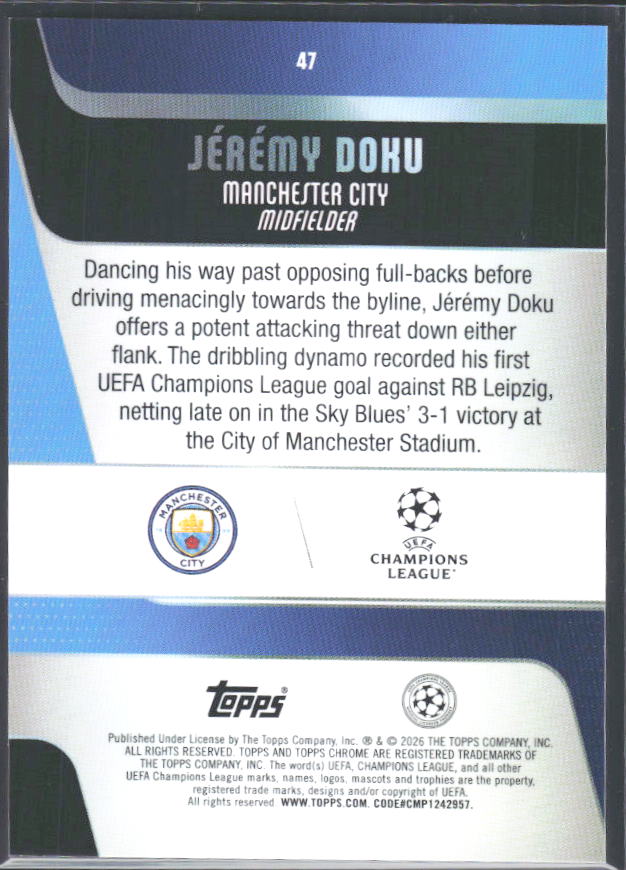 Jérémy Doku 2025-26 Chrome UEFA #47 – baksida