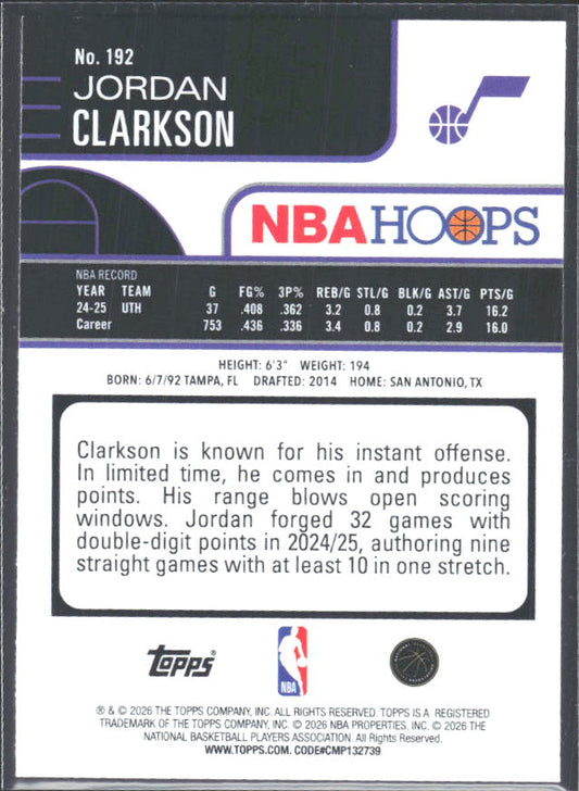 Jordan Clarkson 2025-26 NBA Hoops #192 – baksida