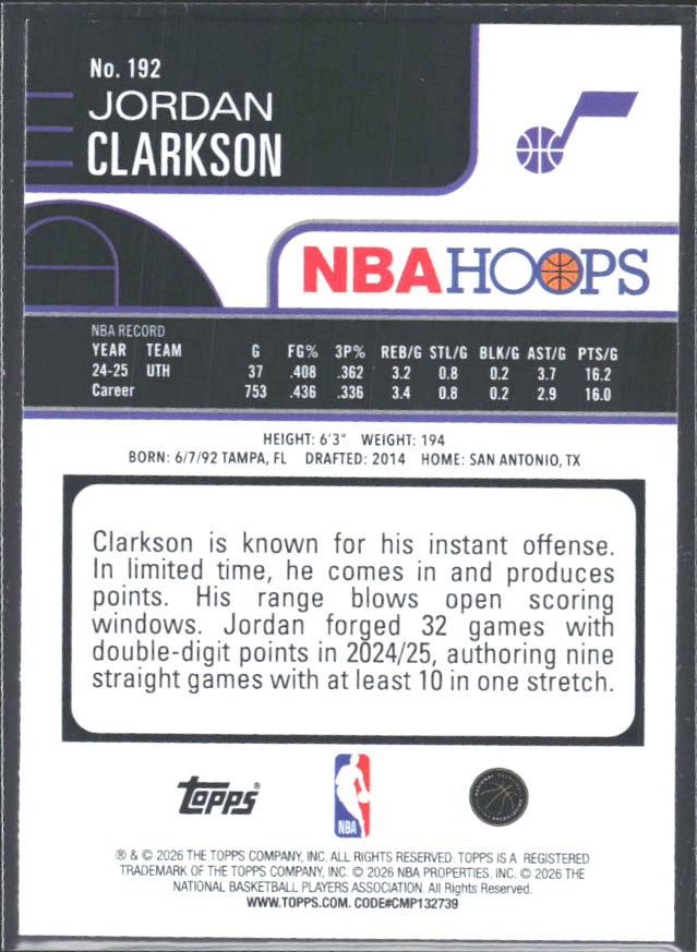 Jordan Clarkson 2025-26 NBA Hoops #192 – baksida