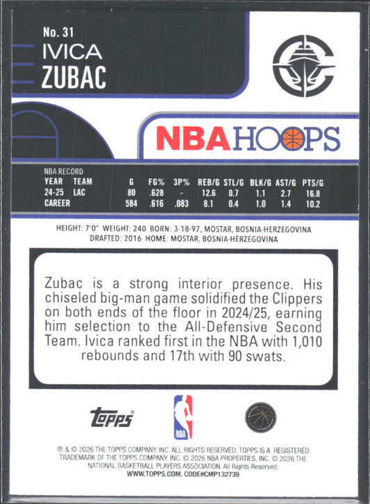 Ivica Zubac 2025-26 NBA Hoops #31 – baksida