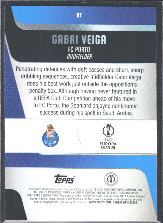 Gabri Veiga 2025-26 Chrome UEFA #87 – baksida