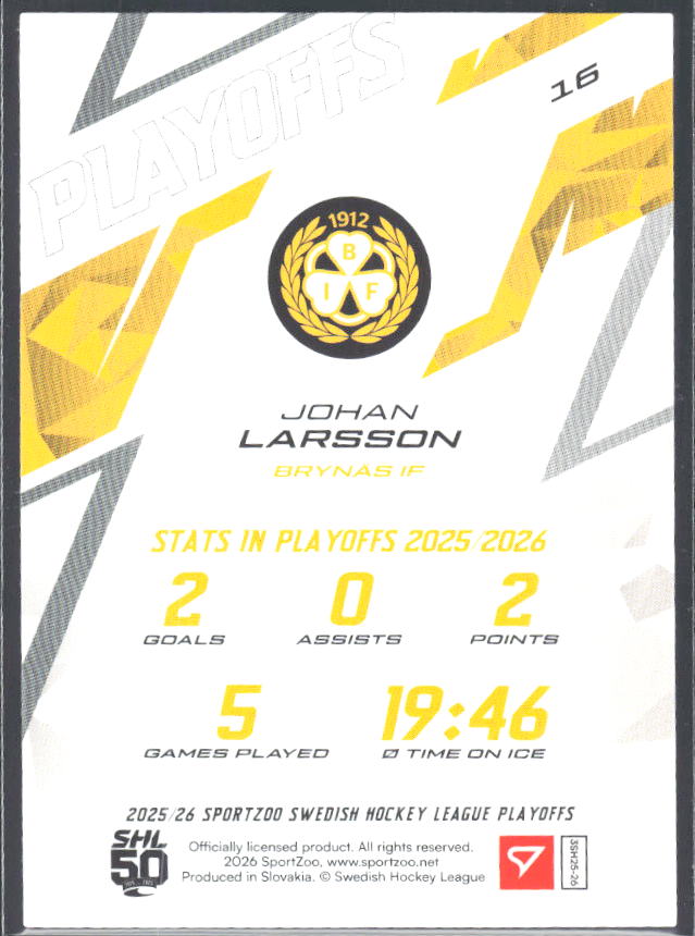 Johan Larsson 2025-26 SHL Playoffs #16 – baksida