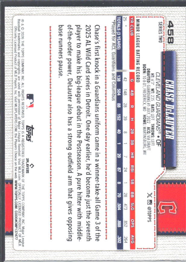 Chase DeLauter 2026 Series 2 RC #458 – baksida