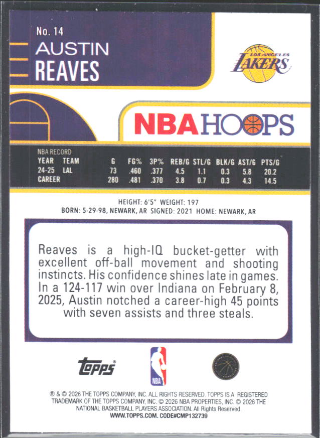 Austin Reaves 2025-26 NBA Hoops #14 – baksida