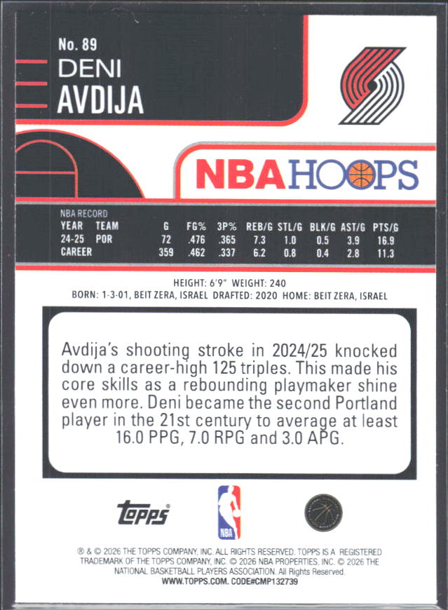 Deni Avdija 2025-26 NBA Hoops #89 – baksida