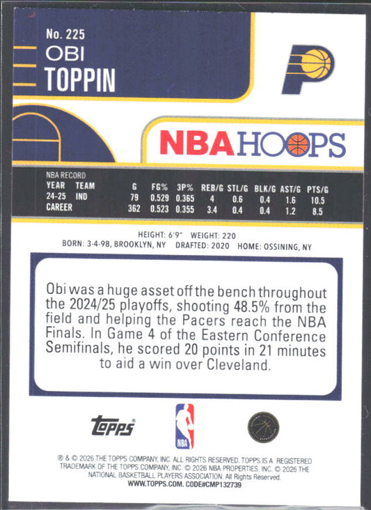 Obi Toppin 2025-26 NBA Hoops #225 – baksida
