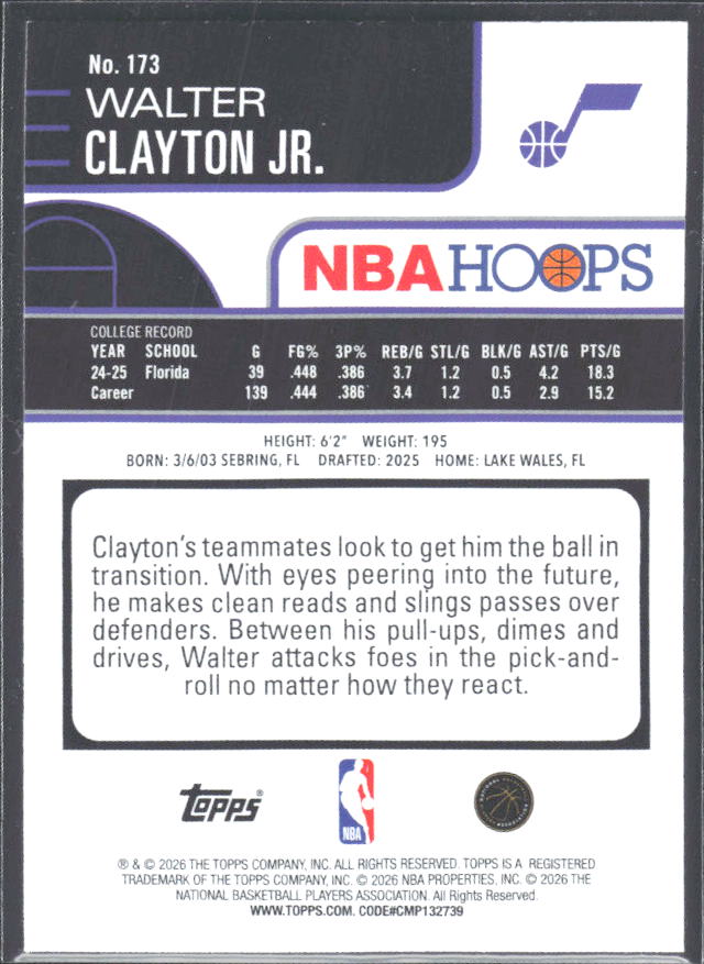 Walter Clayton Jr. 2025-26 NBA Hoops RC #173 – baksida