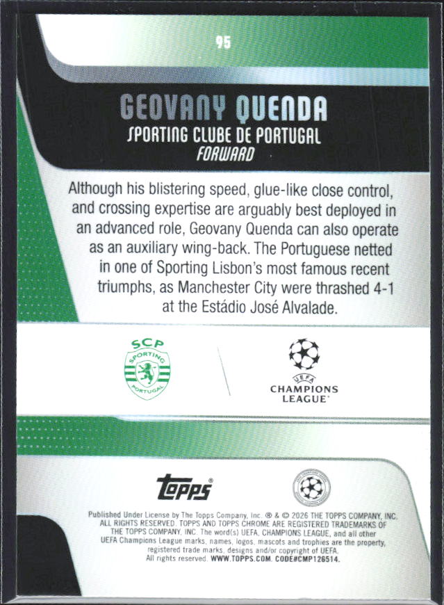 Geovany Quenda 2025-26 Chrome UEFA Future Stars #95 – baksida