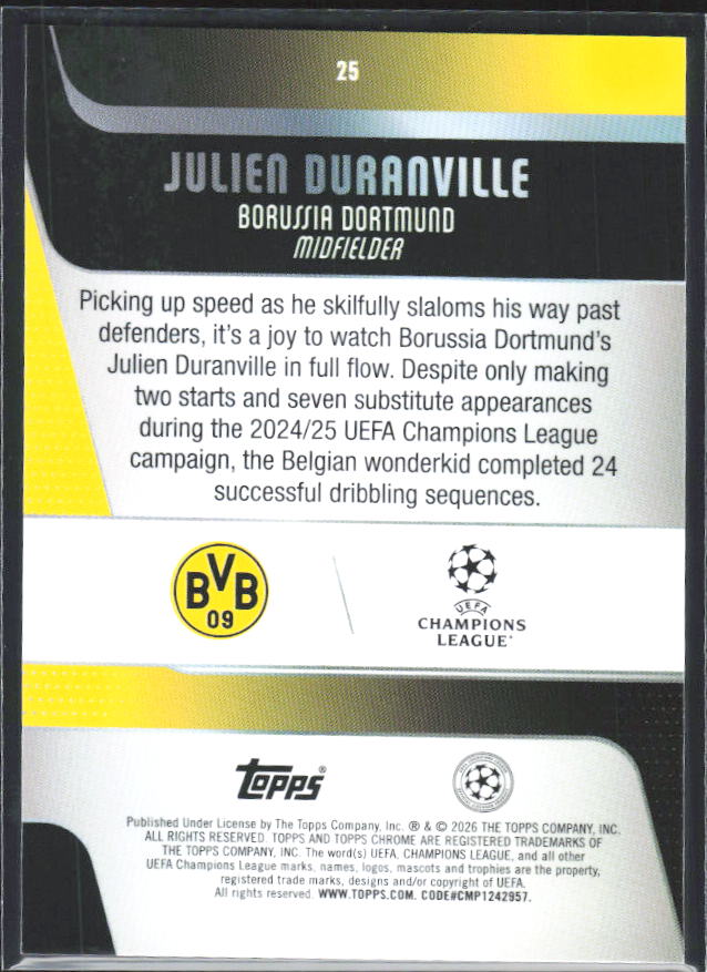 Julien Duranville 2025-26 Chrome UEFA #25 – baksida