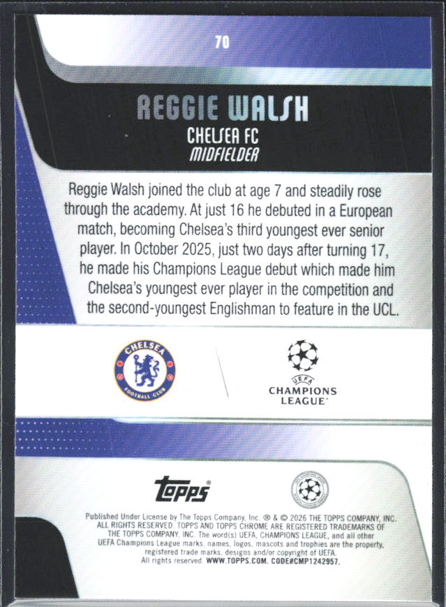 Reggie Walsh 2025-26 Chrome UEFA RC #70 – baksida