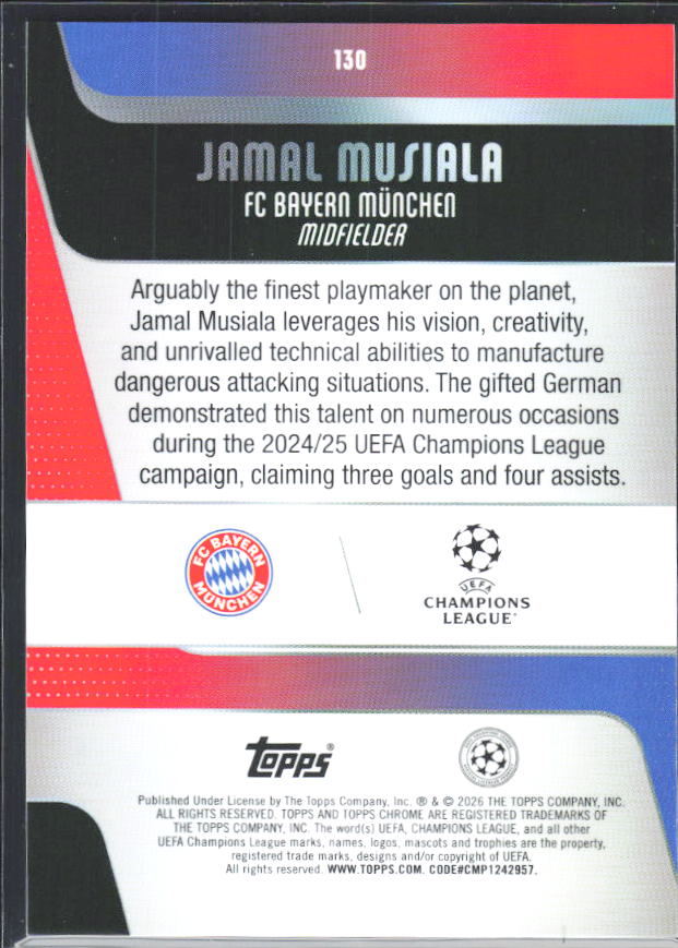 Jamal Musiala 2025-26 Chrome UEFA #130 – baksida