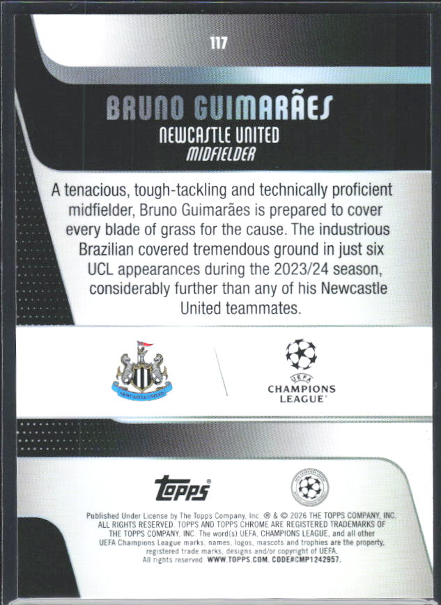 Bruno Guimarães 2025-26 Chrome UEFA #117 – baksida